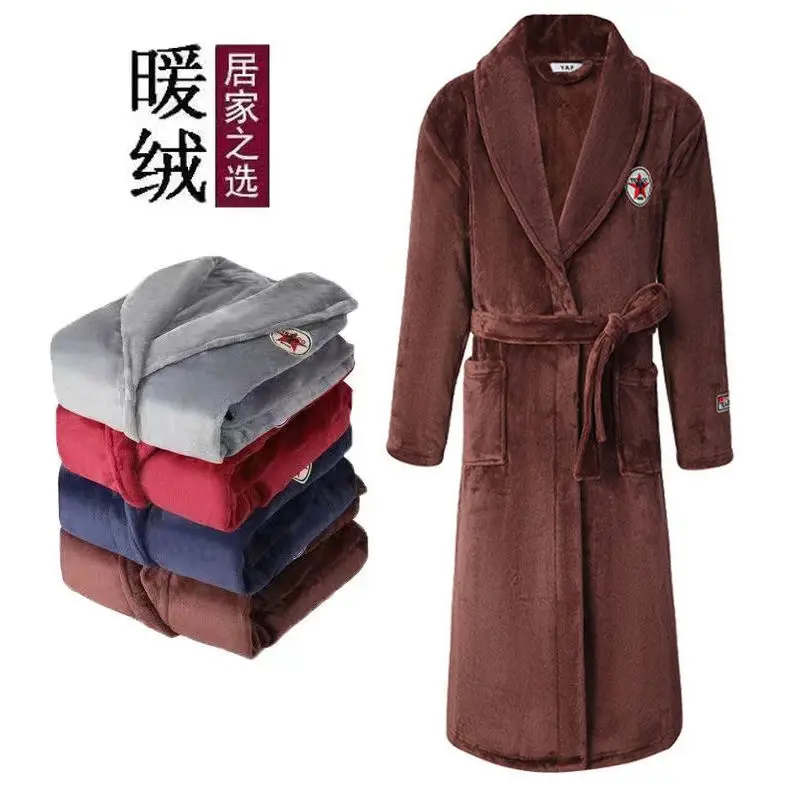 [Thickened Long Section] Winter Flannel Internet Celebrity Lengthen and Thicken Nightgown Coral Velvet for Male Bathrobe Pajamas Men's plus Size Menswear Loungewear Nightwear Lingerie