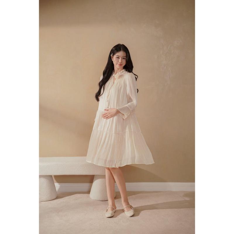 NEW T9 Đầm Bầu Baby Doll Tơ Lụa Óng Cổ Hoa Thủ Công Sang Trọng – Joamom JTVB186