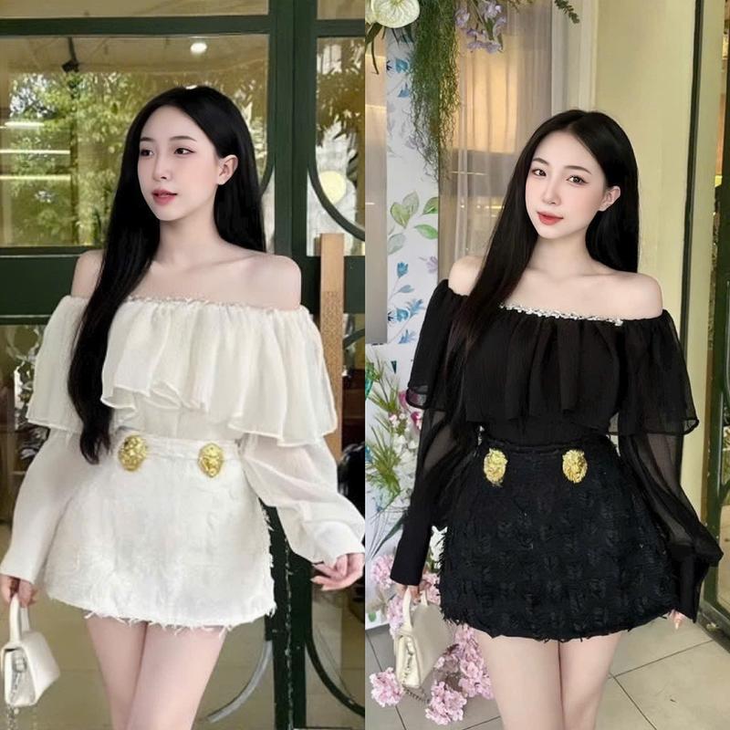 Set váy nữ áo tơ gãy thiết kế dài tay trễ vai dính dá mix chân váy len ren form ngắn xinh xắn sang chảnh cho nàng diện di chơi,di tiệc.