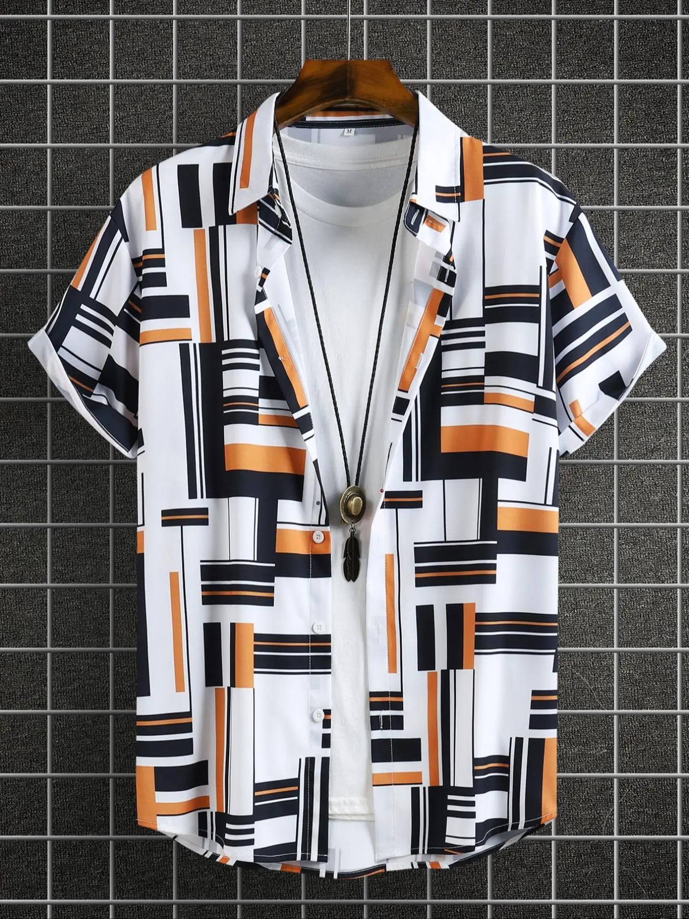 Men's Geometric Print Short Sleeve Shirt, Regular Fit Casual Comfy Breathable Top for Summer, Men's Clothes for Beach Vacation