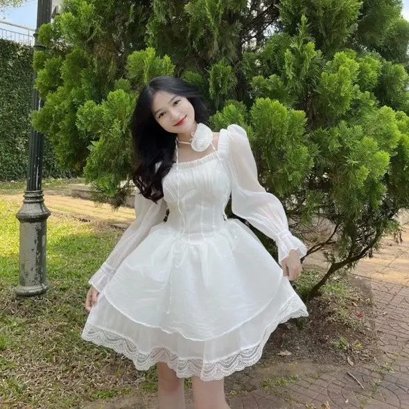 Đầm Công Chúa 2 Tầng Xèo Bèo Ren Kèm Hoa Cổ , Váy Công Chúa Tay Dài Tiểu Thư Đi Tiệc Du Lịch Sinh Nhật Chụp Kỉ Yếu Có Lót Quần-TM 417 Nữ Women Dress 1
