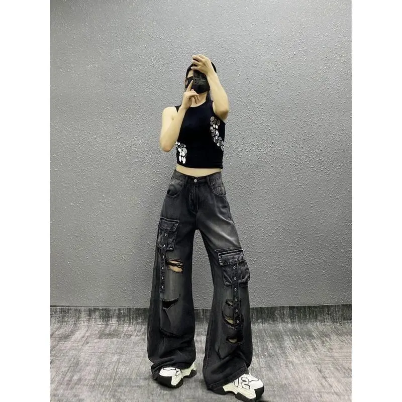 Tiktok Hot Sale Ripped Cool Washed Overalls Casual Jeans Female Summer New High Waist Loose and Slimming All-Matching Straight Wide Leg Pants