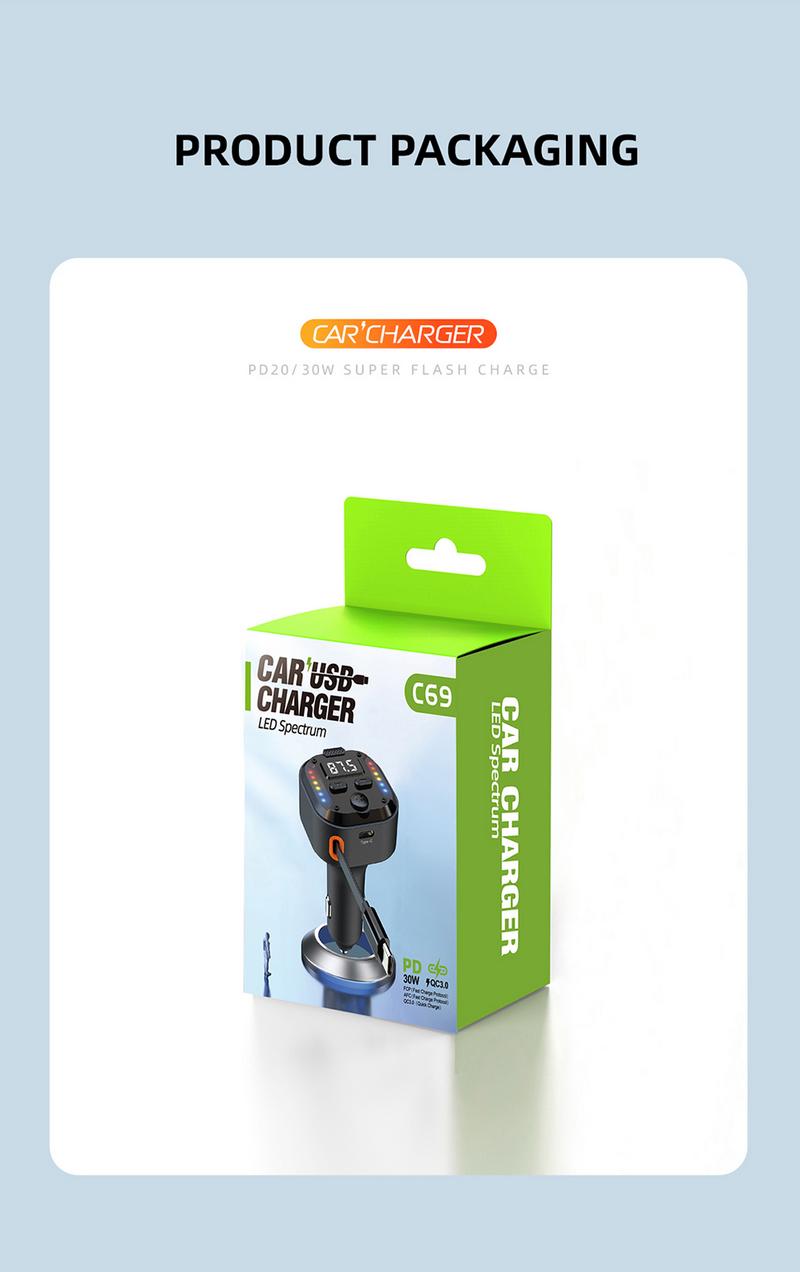 Product Introduction of Car Bluetooth mobile phone charger retractable car conversion super fast charging one to two flash charging storage charging cable 16