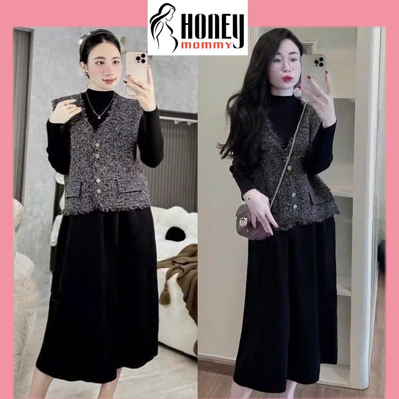  Set Đầm Bầu Thu Đông Gile Chất Dạ Cài Khuy Màu Sắc Basic Lịch Sự Sang Trọng Mặc Đi Chơi Đi Sự Kiện HD3293 Honey Mommy 
