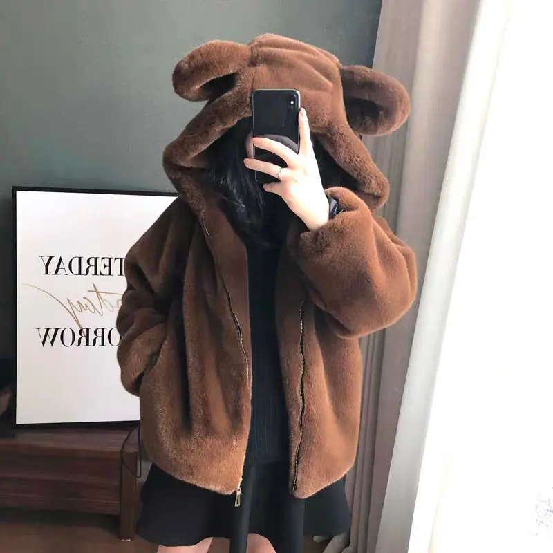 Áo khoác lông cừu tai gấu form rộng, áo lông nữ mượt mà 2 mặt màu đen trắng nâu hồng thời trang hàn quôc,DODO2
