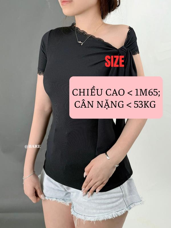 BARE_Áo Thun Nữ Lệch Vai Tay Ngắn Phối Ren Kèm Dây Cột Nơ, Áo Thun Nữ Tay Ngắn Phối Ren Buộc Nơ_A451 Women Top Nhung Kem Voi Sơ Mi 6