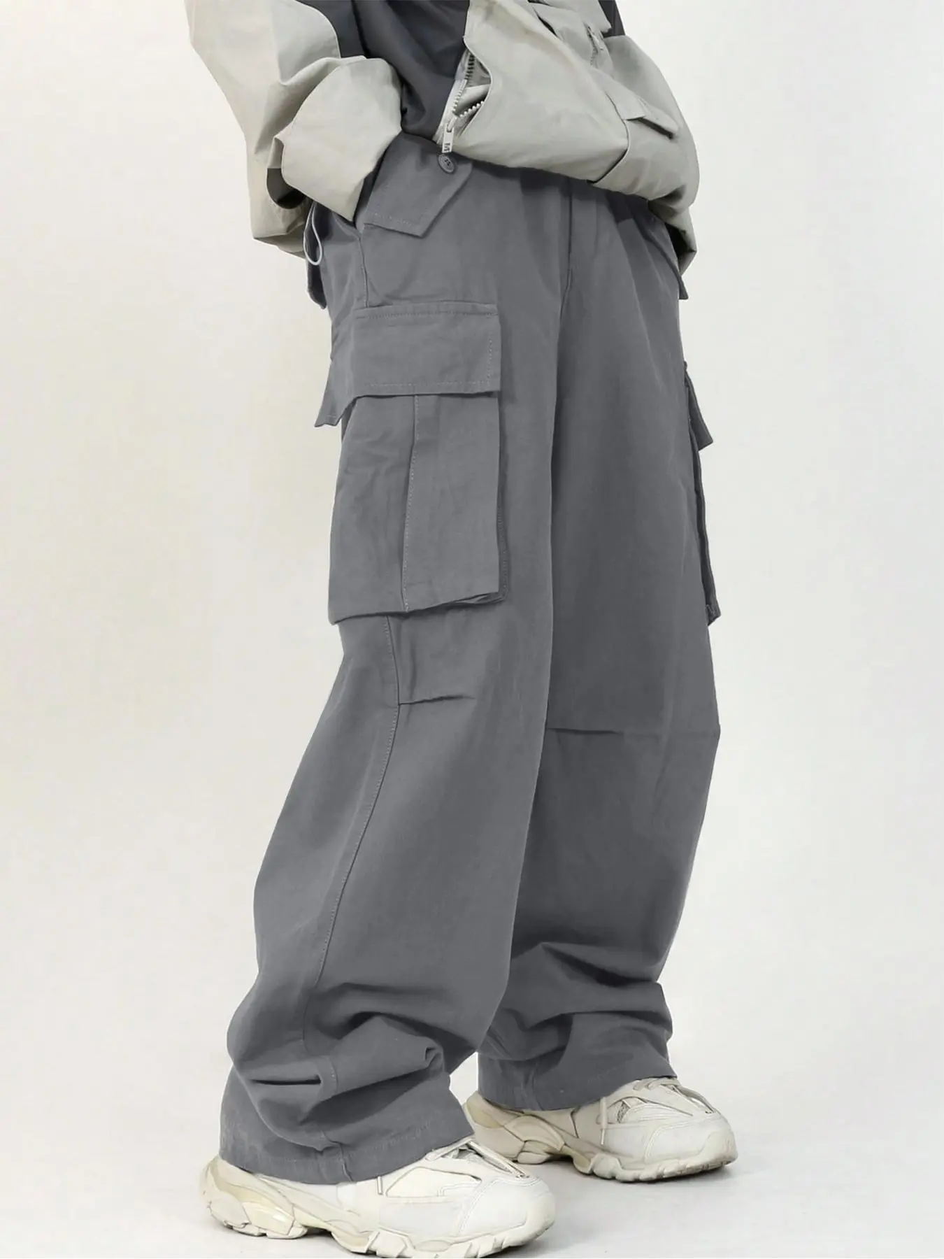 Men's Solid Flap Pocket Drawstring Waist Cargo Pants, Loose Street Fashion Casual Pants for Daily Wear, Men's Trousers for All Seasons