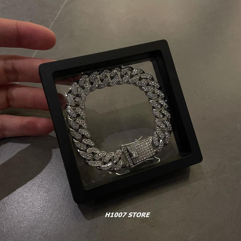 Full Crystal Stone Cuban Chain Hip Hop Bracelet For Men Silver Color Metal Link Chain Rhinestone Luck Closure Mens Bracelet 2