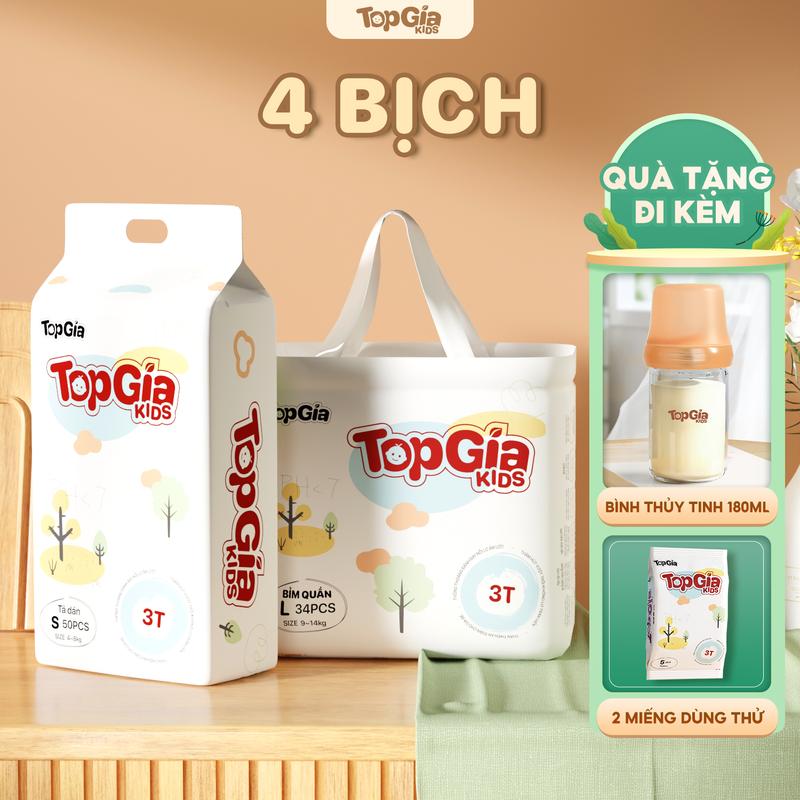 4 BỊCH tã/Bỉm TopGiaKids pH < 7 ngừa hăm, đai chun đệm mây mềm mại co dãn 4 chiều, thấm hút bề mặt khô thoáng size S đến XXXL cho bé từ 4-20kg (bỉm)