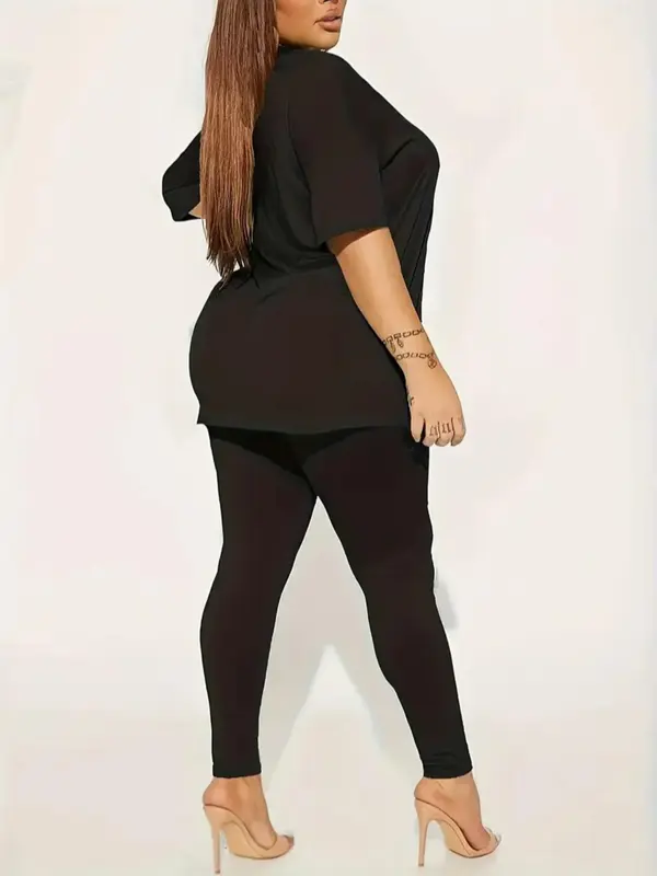 Plus Size Two-Piece Set Letter Print Skinny Pants Set, Casual Short Sleeve T-Shirt & Leggings, Fashion Outfits for Daily Wear, Women's Outfits for All Seasons 1