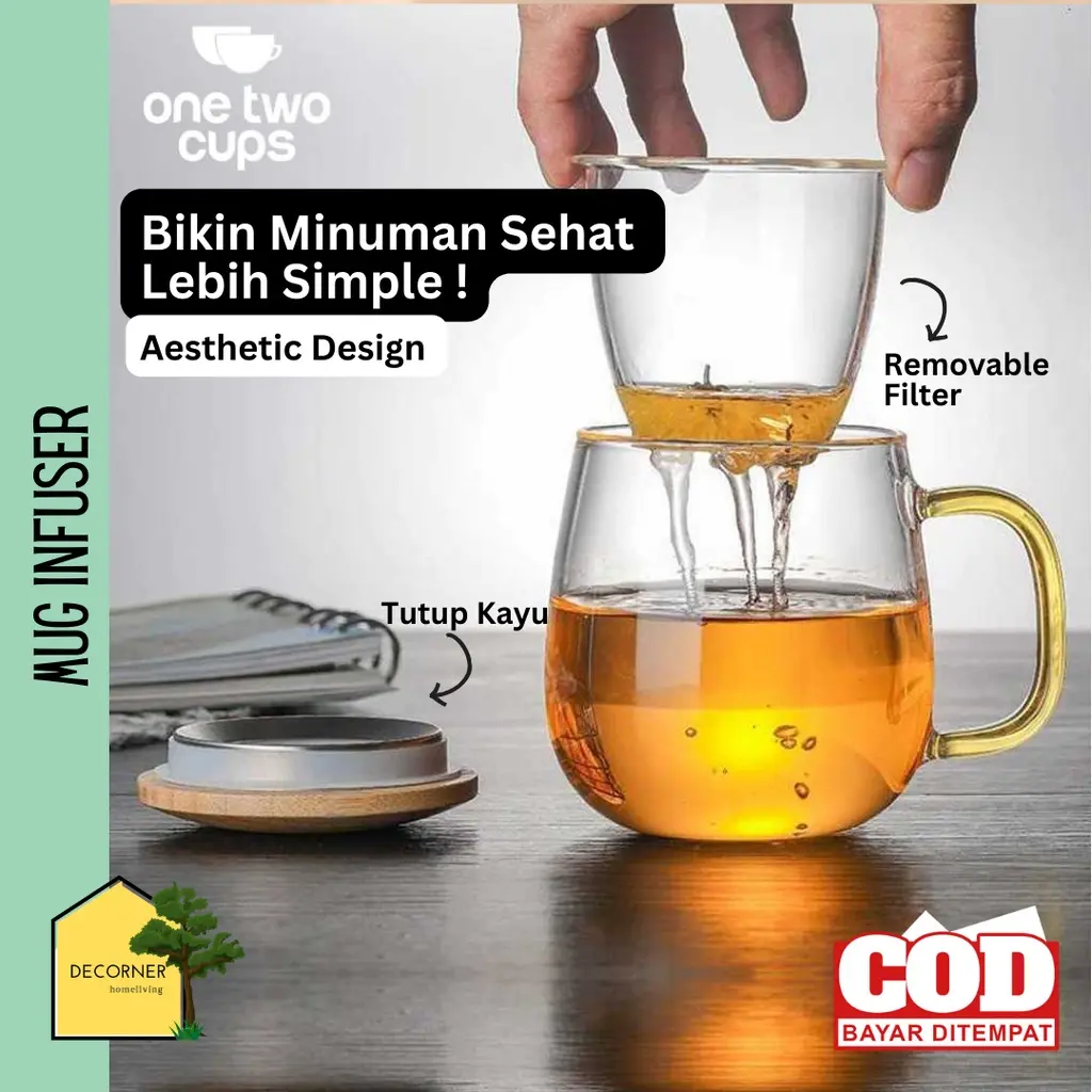 Mug Seduh Teh Infuser Filter Cangkir 420ML Dengan Tutup Kayu Aesthetic