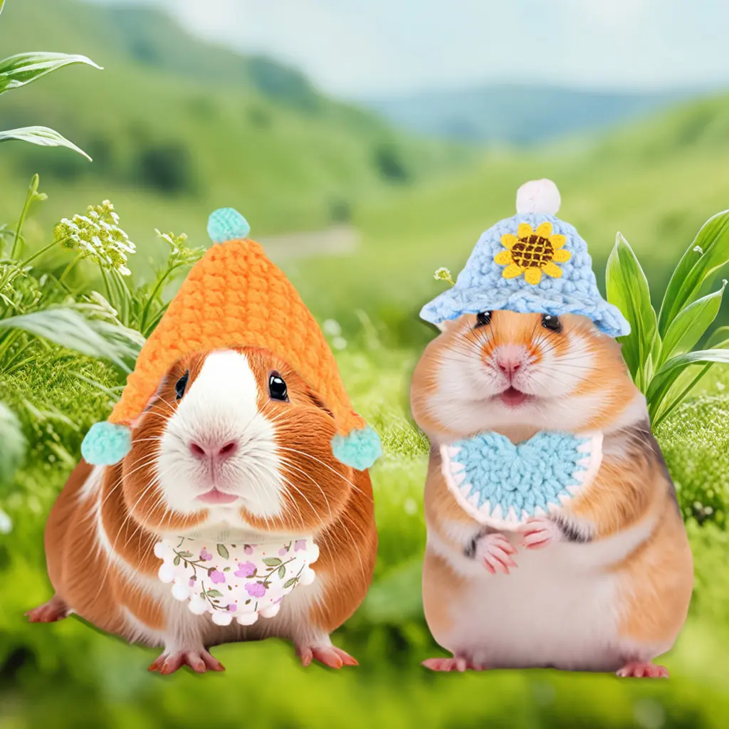 KYE  Hand-woven Polyester Fleece Adorable Hamster Hat and Bandana Set for Dress-up Fun Costume Accessories for Hamsters and Guinea Pigs Adjustable and Tiny Knitted for Small