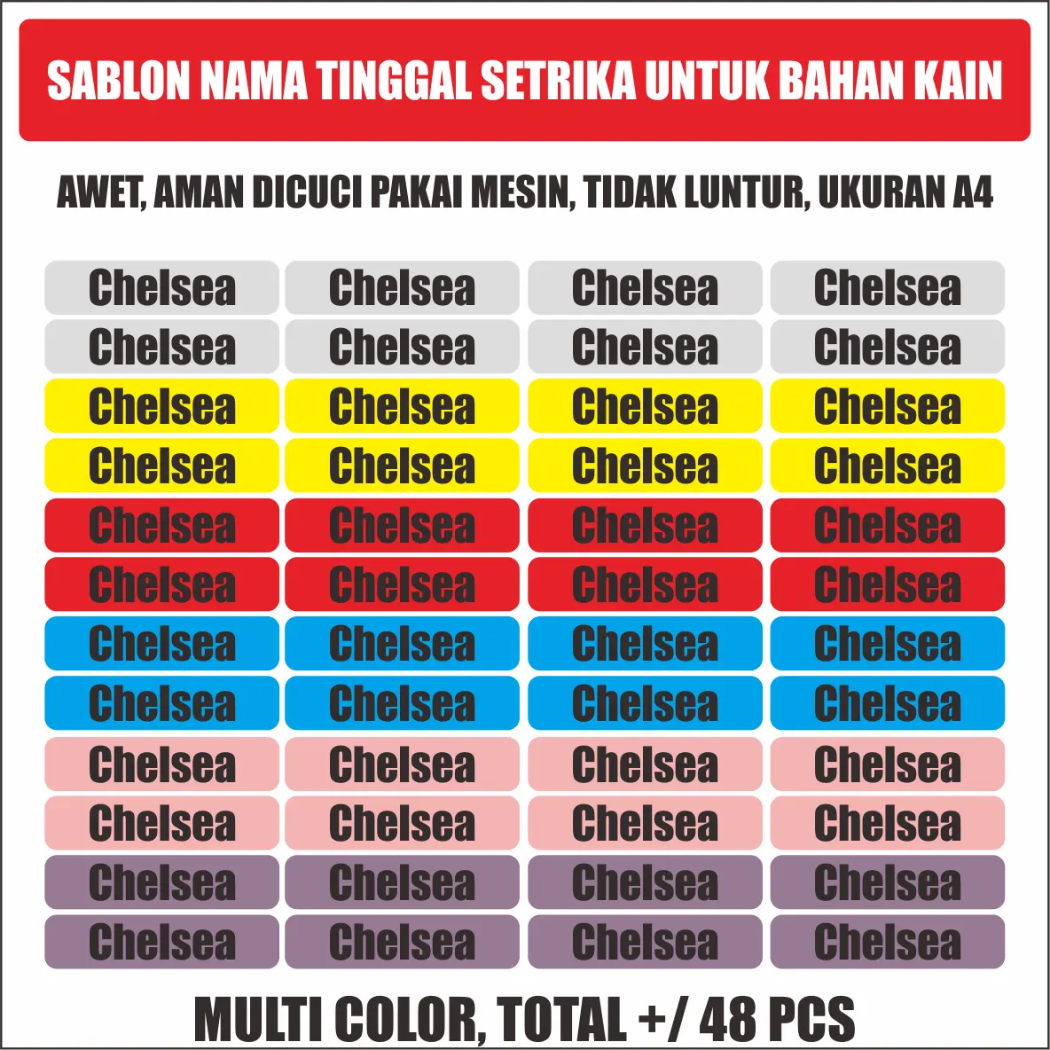BA076 Sticker Kain Custom Nama tinggal tempel pakai Setrika Isi Kurang Lebih 48 Pcs