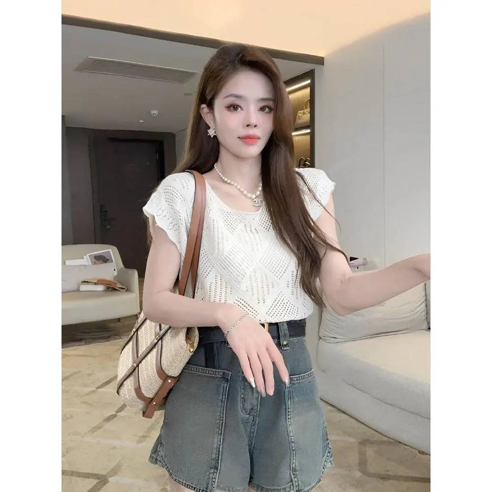 Áo Len Dệt Kim Lụa Lạnh Thiết Kế Cắt Xẻ ngắn Tay, Dành Cho Phụ Nữ, Trang Phục Mùa Hè, Hở Lưng, Áo Trên Vai Top Women