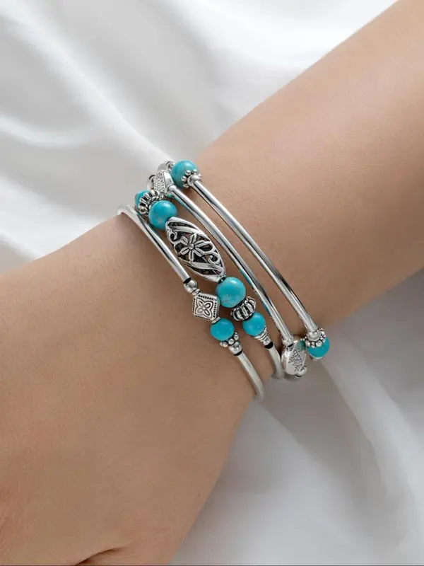 Vintage Boho Style Turquoise Texture Flower Design Bracelet, Alloy Jewelry for Party, Daily Clothing Decor, Trendy All-match Jewelry for Birthday Gift 0