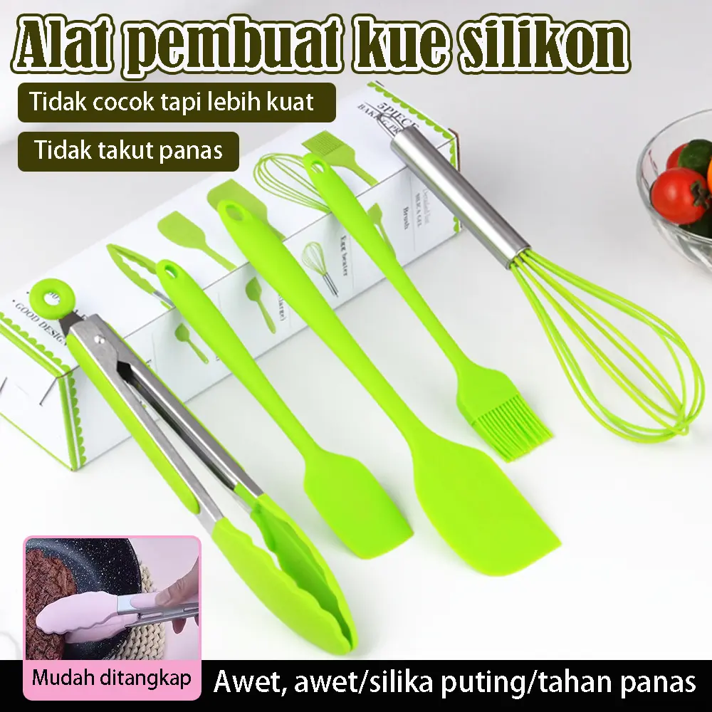 Set Peralatan Masak Silikon 5-in-1 - Spatula, Sutil, Sikat Oles, Pengocok Telur & Pengikis Adonan - Kualitas Tinggi untuk Memanggang, Memasak, dan BBQ, Dengan Ukuran 5 in (12,7 cm)