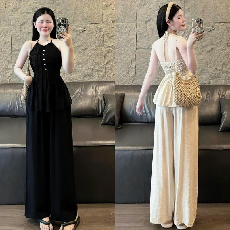 Set bộ nữ dũi vân mây áo cổ yếm thiết kế hở lưng dính nút mix quần dài ống rộng xinh xắn dành cho các nàng đi chơi.women top