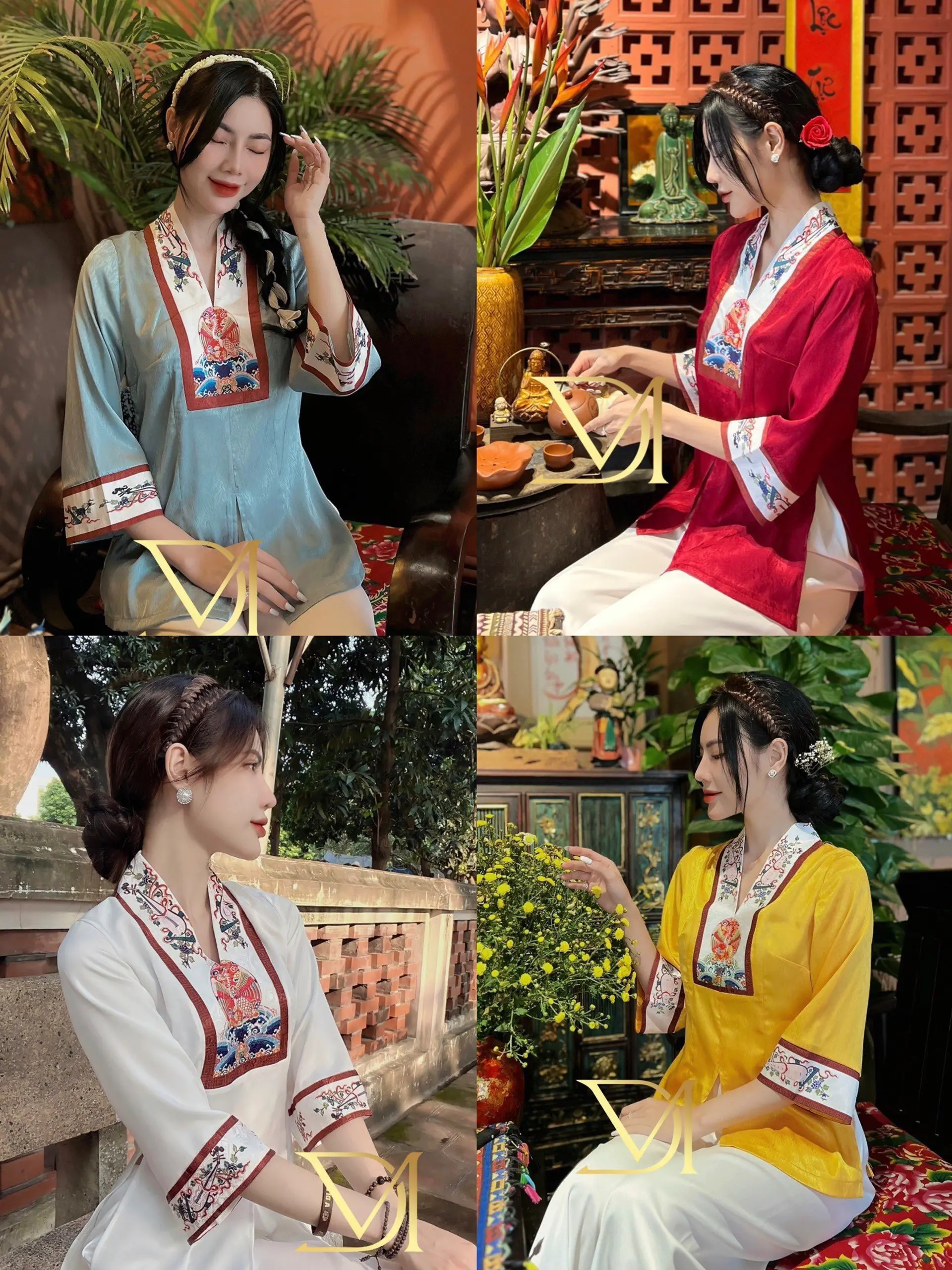 Đồ Lam Đi Chùa - Sét Pháp Phục Áo Gấm Xướt Phối Viền Hoa Văn Sang Trọng - Quần Trắng Trơn Lụa Satin - Mã N1
