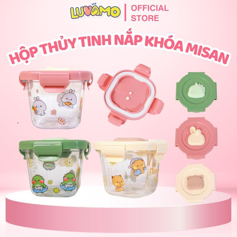 Hộp trữ đồ ăn dặm cho bé MISAN có vạch chia 180ml hộp trữ đông đồ ăn dặm cho bé chất liệu thủy tinh chống tràn luvamo cốc nấu hũ