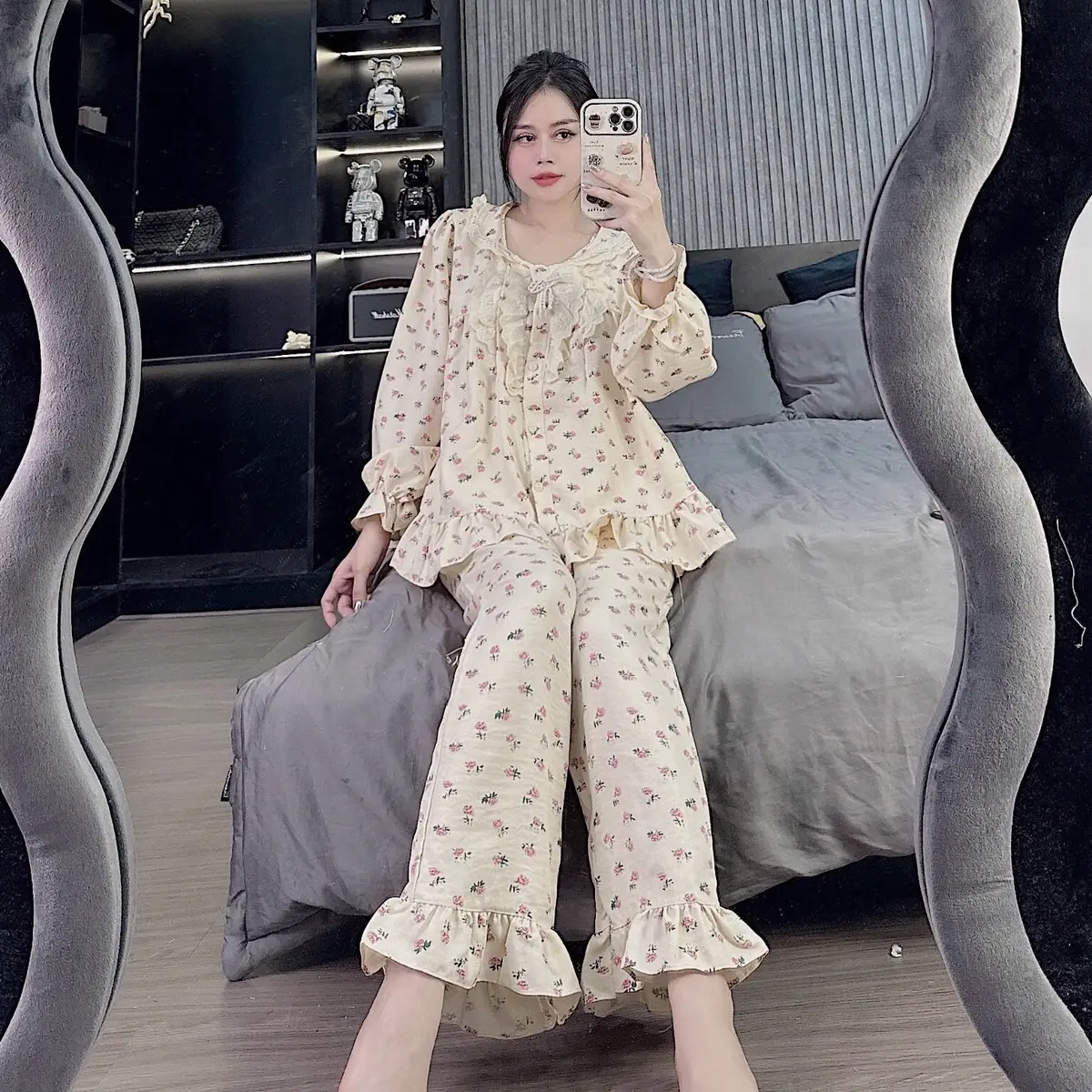 (Phương thảo đồ bộ) sét đồ bộ ngủ nữ hoa nhí cổ ren  tay bo chun,chất đũi lụa mềm mịn