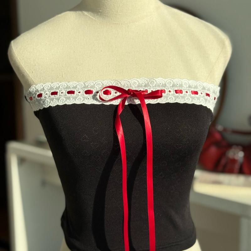 Mollis Top - Áo ống Croptop ôm body viền ren kèm dây ruy băng 3