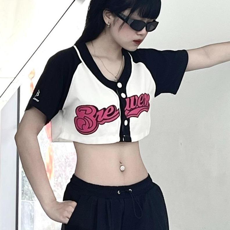 Áo bóng chày croptop dj mie Nữ Dáng Ngắn Women Cổ Tròn Hồng Jacket