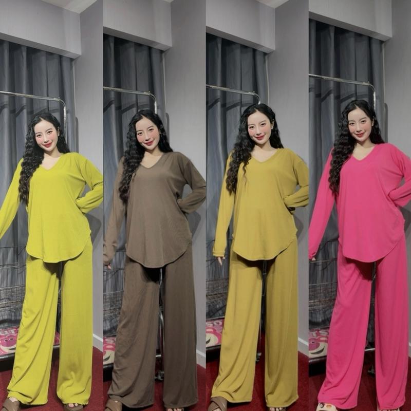 Set bộ Thun tăm cổ tim Tay dài vạt bầu quần suông rộng(40-70kg) S210-VTA Nữ Women Nhung Áo