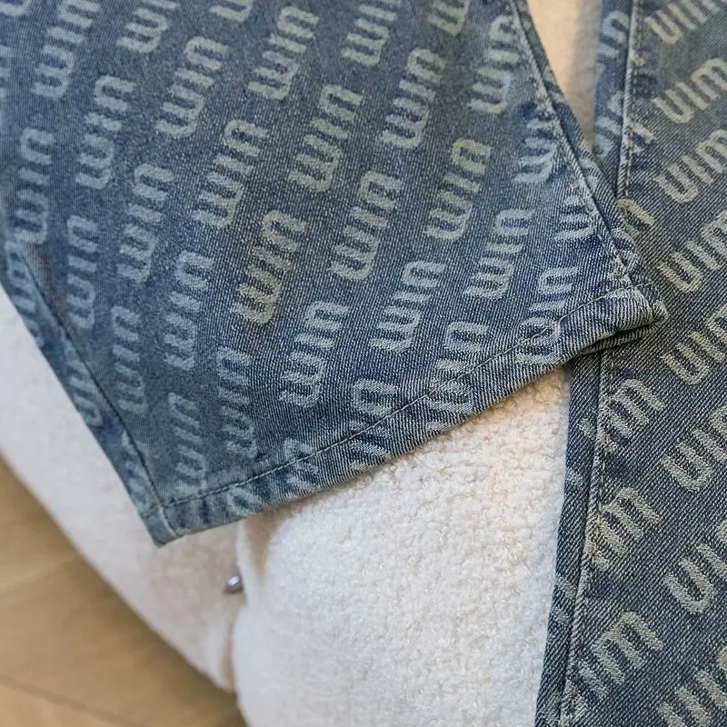 Quần Jean quét đất nhà thẳng in hình, dành cho phụ nữ, thiết kế mới đẹp, chữ Jacquard, quần ống rộng Dáng Rộng thích hợp cho mùa thu, năm 2025 Pants 8