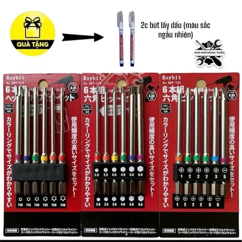 ￼Bộ Lục giác, Lục Bông, Hoa Thị , Bake từ tính dài 65mm và 100mm cho khoan pin và khoan điện - Chuôi lục giác 6.35( tặng bút lấy dấu ngòi dài mầu ngẫu nhiên) 0