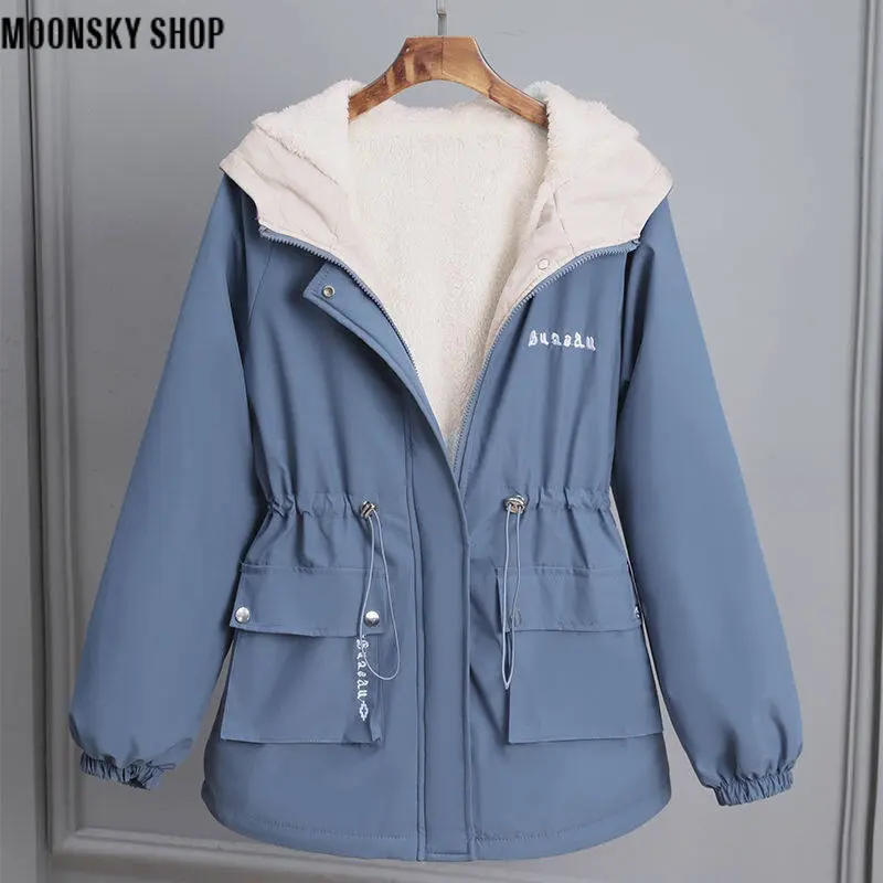 ISN769 Thick Fleece Trench Coat 2021 Autumn Winter Women's Fashion Jacket Casual Cotton-Padded Outerwear (Small Shell)