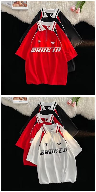 Product Introduction of American Couple Short-Sleeved Polo Shirt Summer Trendy Color Matching Printing Lapel T-shirt Loose High Street Men's Half-Sleeve T-shirt 4
