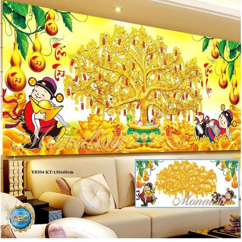 Tranh đính đá cây tiền vàng KT:130x60cm,tranh chưa đính đá và chưa khung