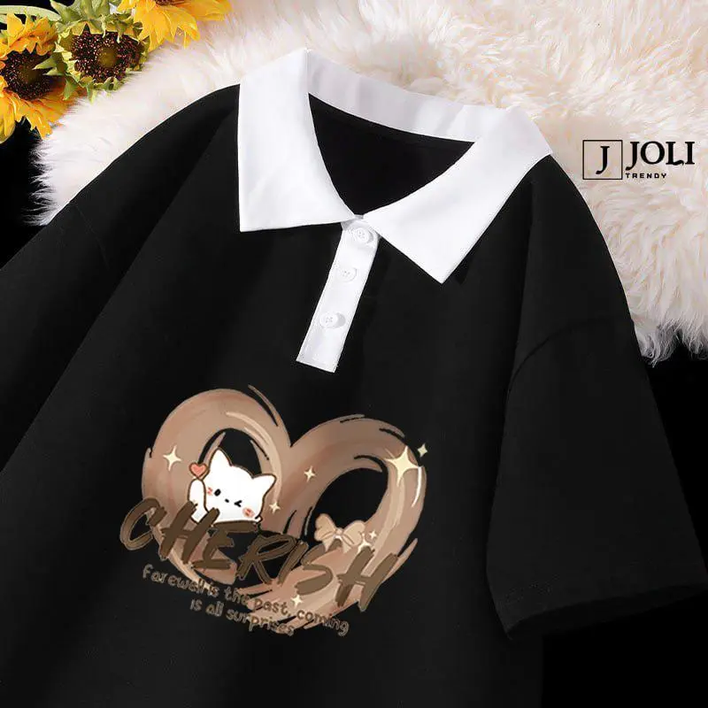 Áo Polo Nữ, Polo Unisex By JOLI Mã PL Cherish Form Rộng Tay Lỡ Cho Nam Nữ Top Cotton kem cỡ lớn cộng