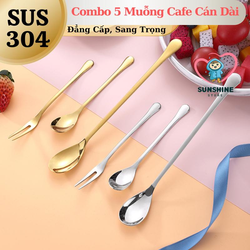Combo 5 Muỗng Cafe Cán Dài, Cán Ngắn, Nĩa Ngắn INOX 304-Muỗng CaFe Cán Dài Inox 304 Dùng Uống Trà Đào-Sinh Tố- Thìa Cocktail