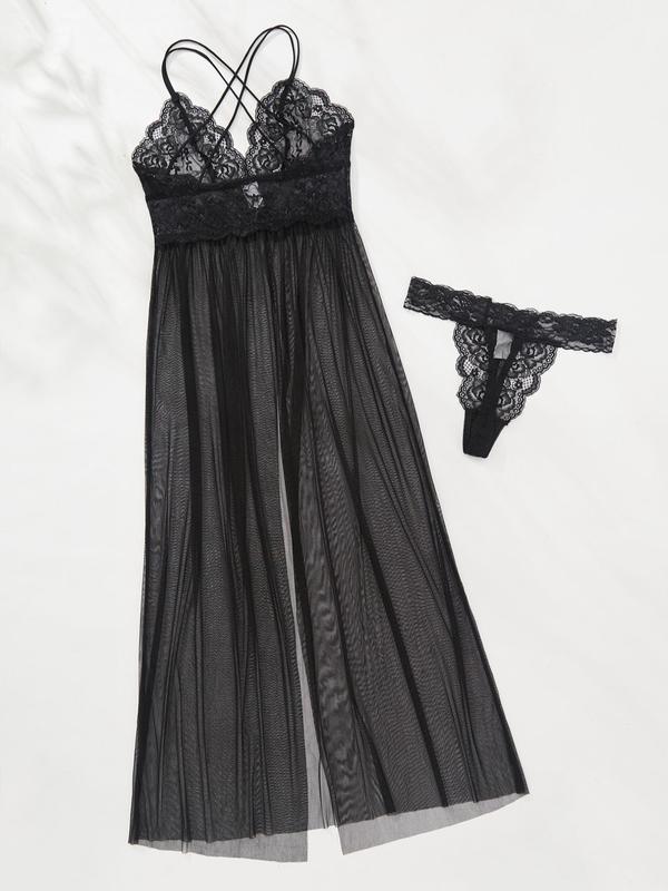 Women's Sheer Criss Cross Cami Nightdress & Scallop Trim Thong PJ Set, Breathable Split Lace Nightgown & Panty, Women's Loungewear For Summer, Summer Clothes Women 4