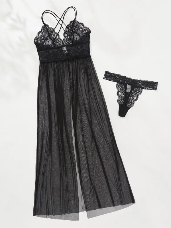 Women's Sheer Criss Cross Cami Nightdress & Scallop Trim Thong PJ Set, Breathable Split Lace Nightgown & Panty, Women's Loungewear For Summer, Summer Clothes Women 4