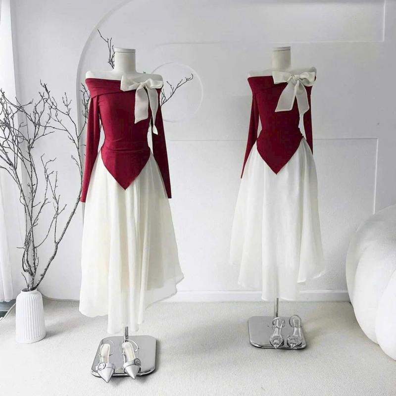  Sét đồ nữ 2 món áo trễ vai phối nơ kèm chân váy tơ dáng dài duyên dáng mặc noel mặc tết 