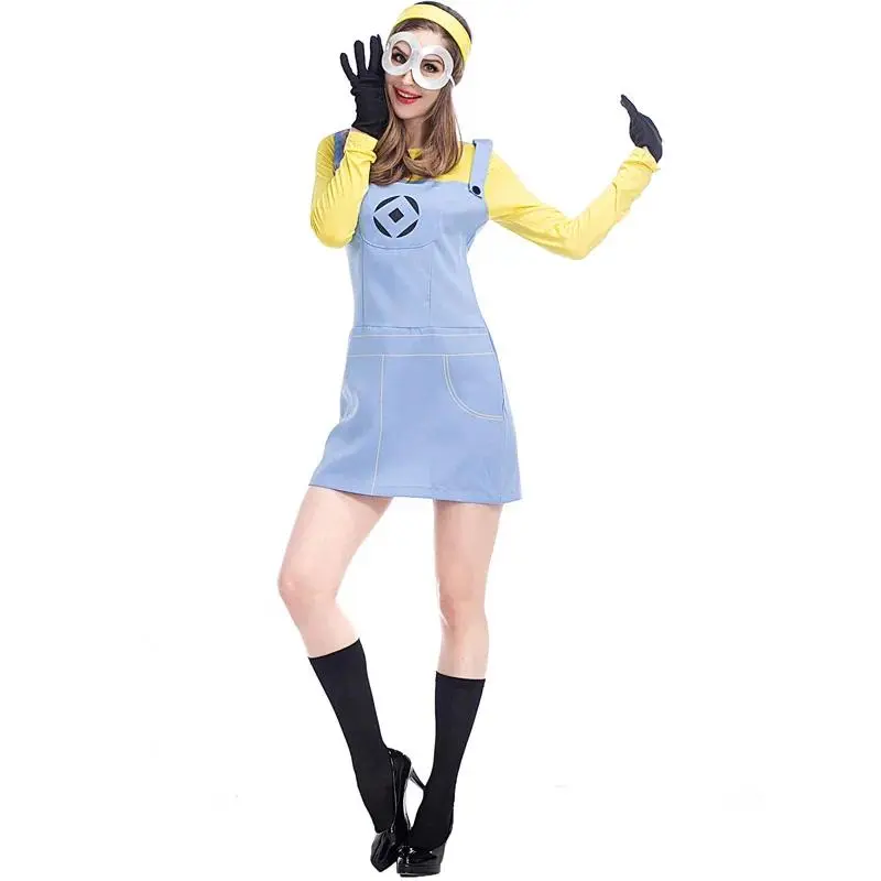 Adult Women Movie Anime Cartoon Yellow Fake Two Pieces Dress Eyeglass Headwear Set Halloween Cosplay Costumes Outfit