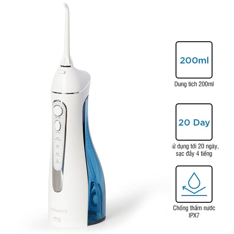 Máy tăm nước không dây LocknLock Cordless Oral Irrigator 200ml - Màu xanh - ENR156BLU  - 4 chế độ phun - Bình chứa 200ml có thể tháo rời - Cổng sạc USB