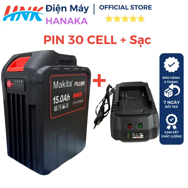 Pin 30 cell Makita 21V 15AH dung lượng cao Chân pin phổ thông Có đèn báo pin 0