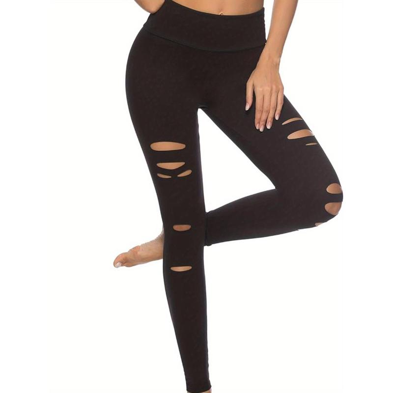 Women's High-Waist Ripped Yoga Leggings - Breathable, Stretchy Workout Pants for Fitness & Outdoor Activities, Black 7