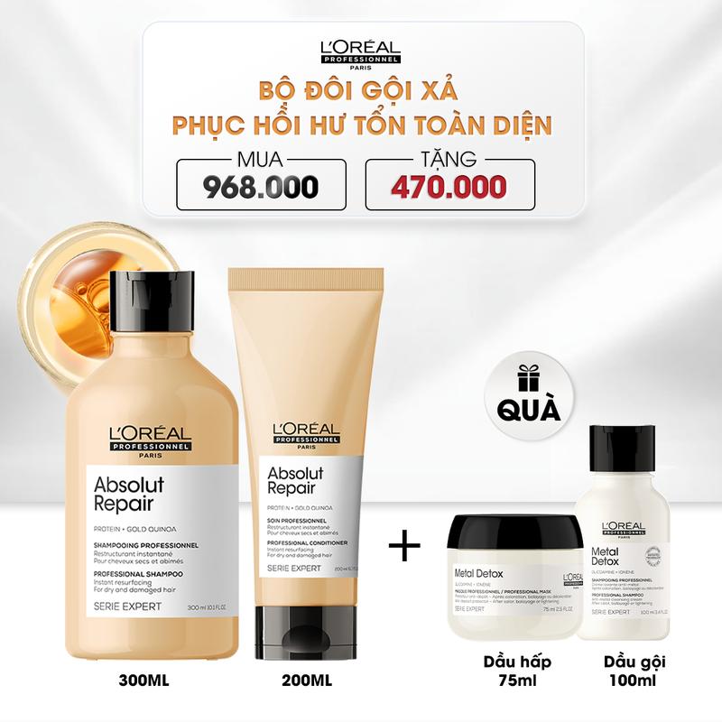  Deal 8 - Combo Dầu gội 300ml và Dầu xả 200ml cải thiện tóc hư tổn LOreal Professionnel Serie Expert Absolut Repair Gold Tặng 1 Dầu hấp 75ml và 1 Dầu gội 100ml 