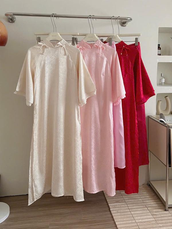 Set áo dài cách tân 2 tà nữ Maian áo đính nơ in hoa chất lụa gấm cổ tim dáng suông kèm theo quần lụa bóng ống rộng S5268 8