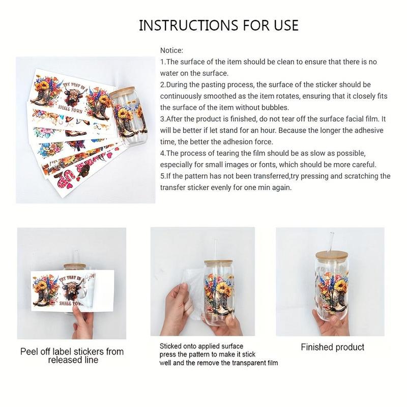 Mental Health Design Cup Wrap Transfer Sticker, 4 Counts/set Drinking Wraps Sticker For 16 OZ Libby Glass, Decor Sticker For Coffee Milky Cup Glass Bottle 9