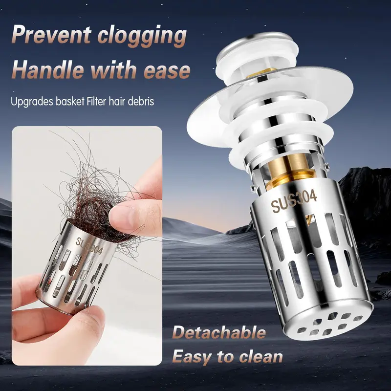 Stainless Steel Washbasin Drain Stopper, 1 Count Press Type Sink Plug, Insect Proof and Anti Blocking Filter Screen, Bathroom Supplies 3