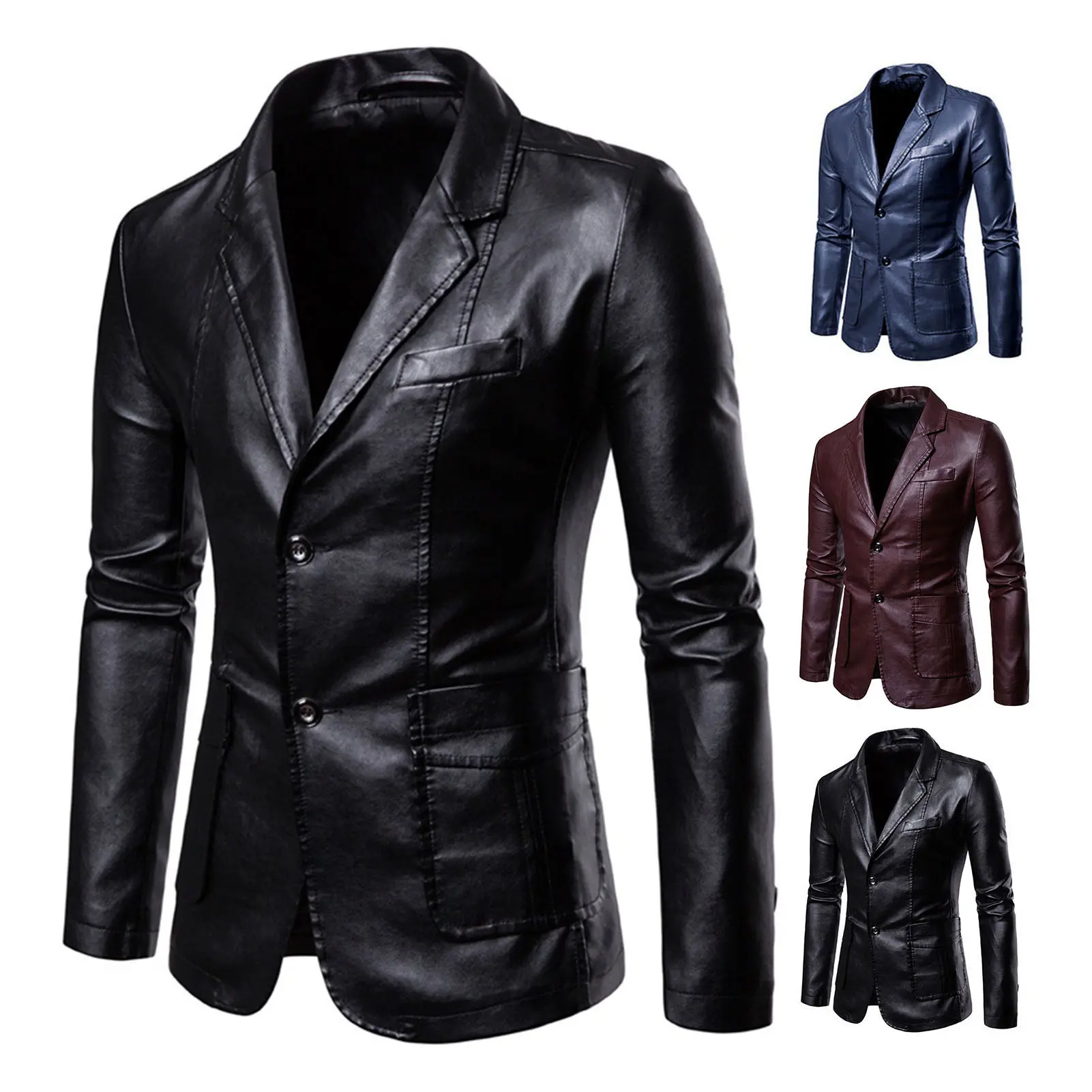 Áo Khoác Vest Giả Da Trơn Dành Cho Nam Giới, Ve Áo, Dài Tay, Có Túi, Một Hàng Cúc, Áo Khoác Công Sở, Chống Gió, Áo Khoác Ngoài