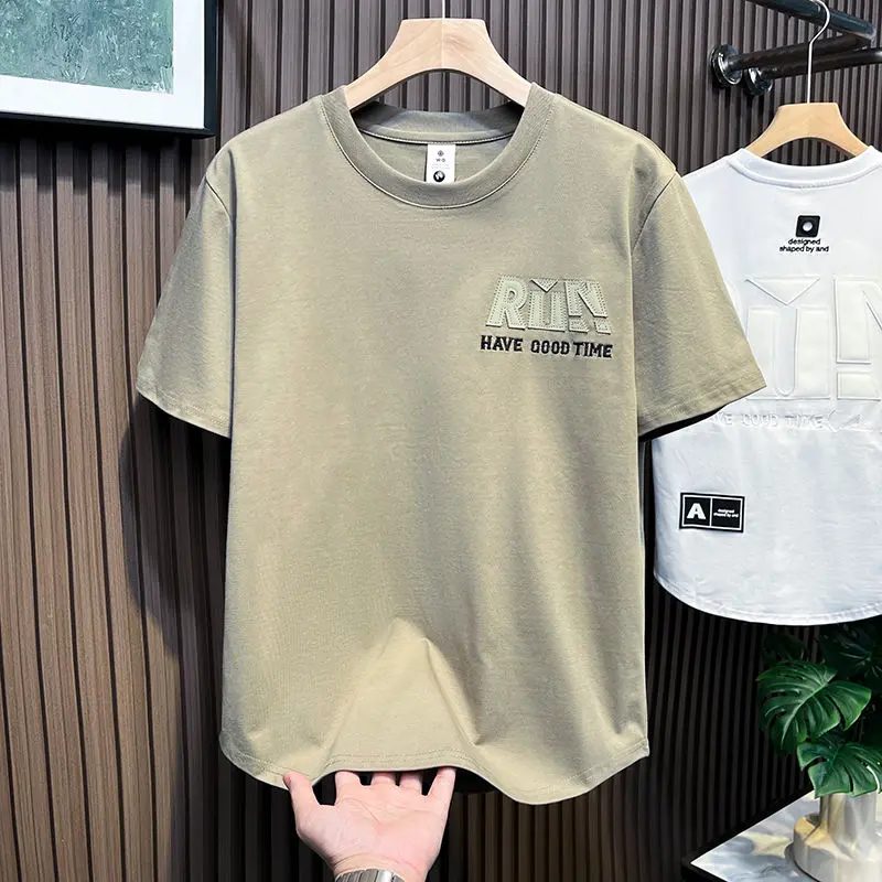 Áo Thun Thêu Chữ Lớn, Thương Hiệu Thời Trang Mới, Dành Cho Nam, Phong Cách Mỹ, Thả Vai, Dáng Rộng Vừa Vặn, Dễ Phối Đồ, Tay Lửng Áo, Thích Hợp Cho Năm 2024 1