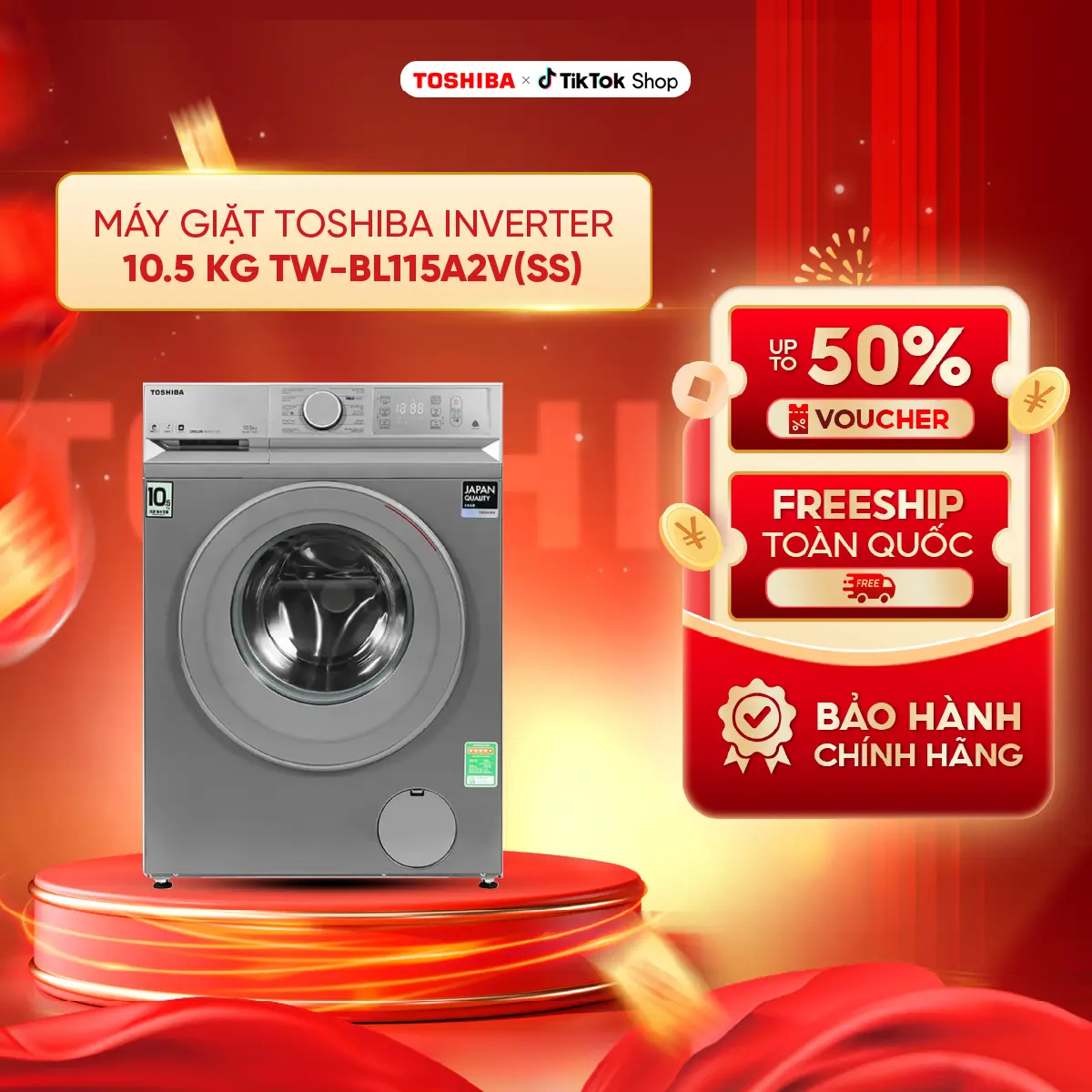 [MIỄN PHÍ LẮP ĐẶT TẠI NHÀ] Máy giặt Toshiba inverter 10.5 kg TW-BL115A2V(SS) - Kết nối Wifi và điều khiển từ xa bằng điện thoại thông minh -