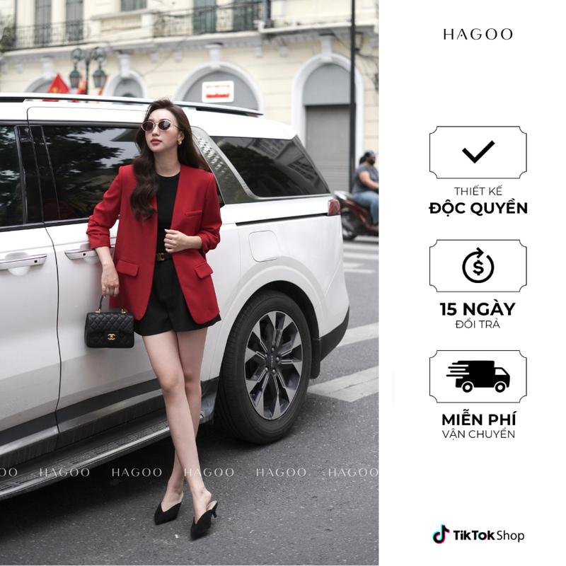 HAGOO Áo Blazer không ve dài tay 4 màu ĐEN/ TRẮNG/ ĐỎ / NÂU thiết kế công sở có đệm vai [B459] Women Top Jacket Áo Khoác
