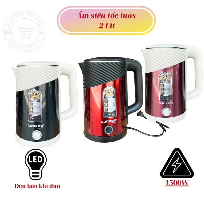 Ấm đun nước siêu tốc Gugkoo ST28  , Dung Tích 2 Lít , Thiết kế 2 lớp chống bỏng , lõi inox 304  , tự động ngắt khi sôi . 0